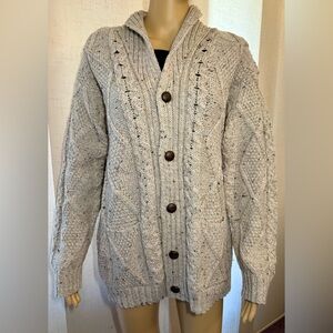 Aran Crafts Irish wool cableknit cardigan shawl collar button-up front w/pockets